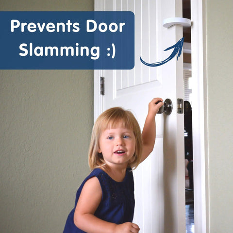 Child near door with Finger Pinch Guard For Doors 2 Pack Baby Proof Door Stopper With Soft Foam Keeps Doors From Slamming.