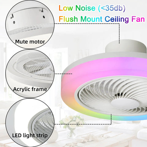 Front view of 18 Inch Bladeless Ceiling Fan With Light And Remote For A Cool Bedroom Vibe, highlighting acrylic frame and LED strip.