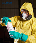 Person wearing 3 Pairs Nitrile Chemical Resistant Gloves Heavy Duty Reusable Rubber Work Gloves With Acid Alkali Oil Protection on hands.