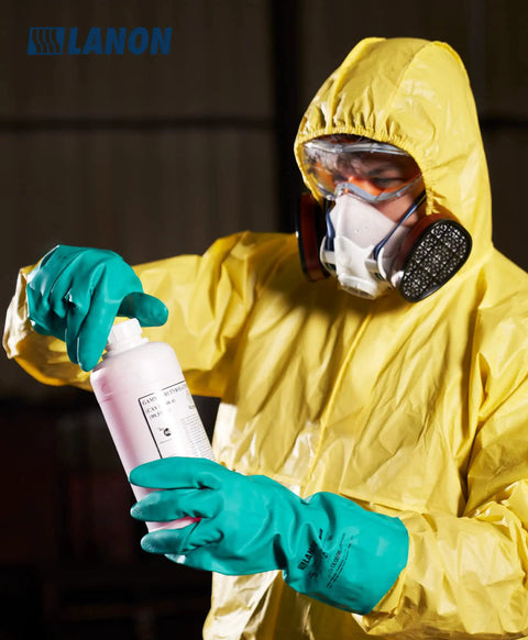 Person wearing 3 Pairs Nitrile Chemical Resistant Gloves Heavy Duty Reusable Rubber Work Gloves With Acid Alkali Oil Protection on hands.
