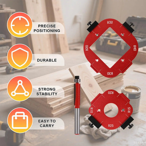 Built Like A Tank Kickass Aluminum Alloy Router Template And Jig Set With Slick Bearing Trim Blade Heavy Duty Corner Radius Guide showing R10 to R50 guides.