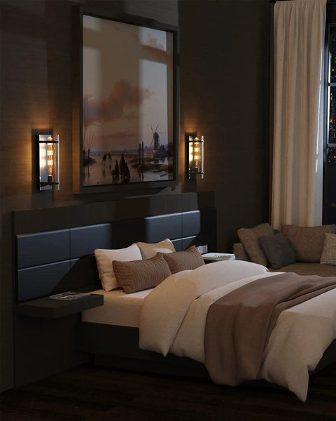 Bedroom with Industrial Wall Sconces Set Of Two With Walnut Wood And Black Metal Vintage Rustic Lantern Style Wall Lighting Fixtures E26 Base 2700K Bulbs