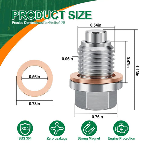 Magnetic M14 x 1.5 Oil Drain Plug Set With Stainless Steel Pan Nut And 5 Washer Gaskets product size dimensions