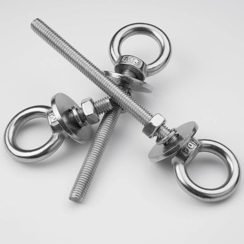 Heavy Duty M6 Stainless Steel Eye Bolts With Nuts And Washers One Quarter Inch Diameter Two Inch Long Lifting Rings Close-up