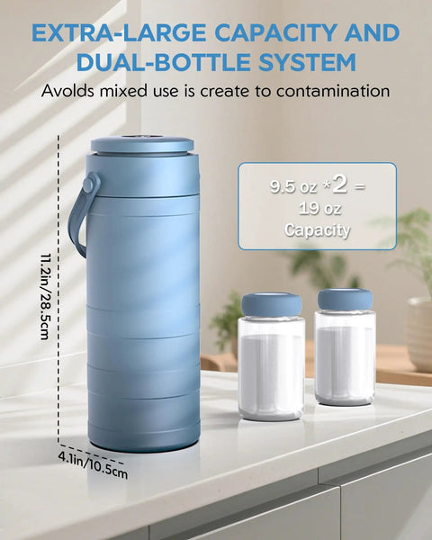 Portable Breast Milk Cooler Bottle With Digital Temp Display Keeps Nursing Bottles Fresh For Twenty Four Hours Using Swift Chill Cooling Tech No Sweat Design Blue with dual-bottle system.