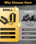 Rugged Built Tough Rubber Wheel Chocks 4 Pack With Rope And Reflective Strips For RVs Trailers Trucks Cars And Aircraft Solid Block Stopper With All Terrain Grip And Durable Non Cracking Construction In Bright Yellow comparison chart.
