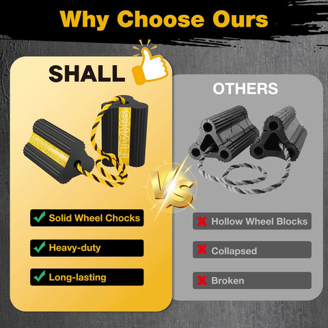 Rugged Built Tough Rubber Wheel Chocks 4 Pack With Rope And Reflective Strips For RVs Trailers Trucks Cars And Aircraft Solid Block Stopper With All Terrain Grip And Durable Non Cracking Construction In Bright Yellow comparison chart.