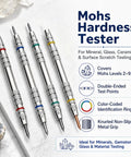 Premium Mohs Hardness Test Kit 2 to 9 Scale With 4 Testing Pencils And Glass Plate For Rock Hounds Gem Nerds And Geology Buffs Lab Grade Precision Quick Mineral ID And Accurate Hardness Readings, four metal pencils on white surface