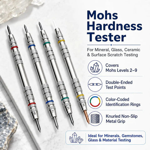 Premium Mohs Hardness Test Kit 2 to 9 Scale With 4 Testing Pencils And Glass Plate For Rock Hounds Gem Nerds And Geology Buffs Lab Grade Precision Quick Mineral ID And Accurate Hardness Readings, four metal pencils on white surface