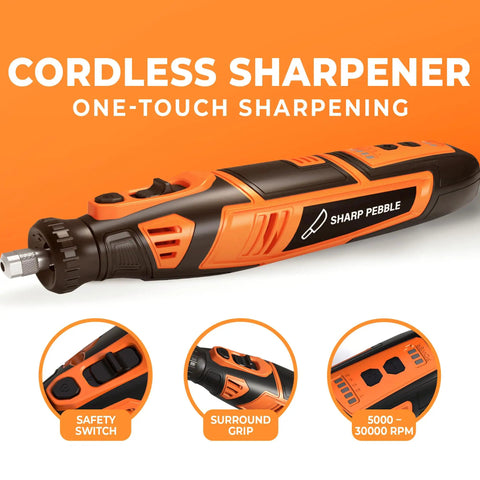 Cordless Electric Chainsaw Sharpener Kit with Four File Size Wheels, Five Thirty Two Inch Angle Guide, and Wrench.