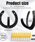 Heavy Duty Cast Iron Horseshoe Wall Hooks Wild West Coat And Hat Rack showing 2 black hooks with screws, sizes indicated.