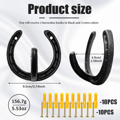Heavy Duty Cast Iron Horseshoe Wall Hooks Wild West Coat And Hat Rack showing 2 black hooks with screws, sizes indicated.