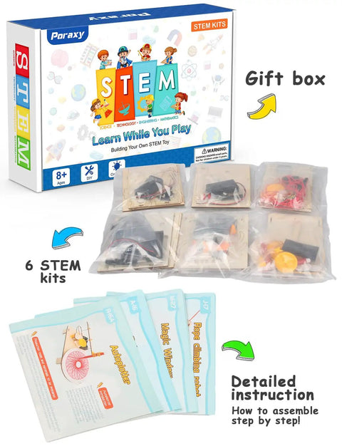 Six In One STEM Toys Kit For Kids Aged Eight To Twelve with 3D wooden puzzles, project kits, and instruction booklets.
