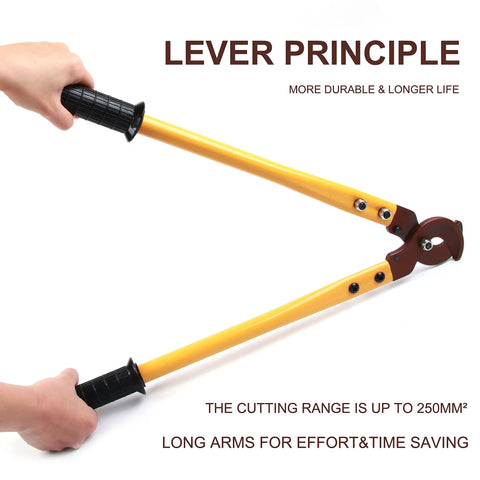 Heavy Duty Long Arm Cable Cutters Designed To Knock Out Thick Copper And Aluminum Wiring Without Breaking A Sweat featuring long yellow handles.