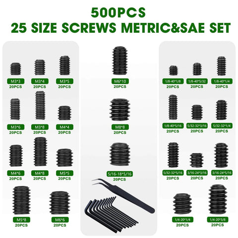 500 Piece Black Alloy Steel Set Screw Kit With Twenty Five Sizes Metric And SAE For Bathroom Fixtures And Door Handles