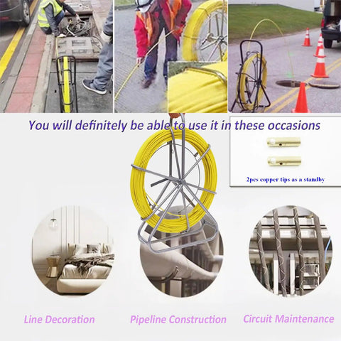 Heavy Duty Fiberglass Fish Tape 425 Ft 6MM Duct Rodder With Brake Electrical Cable Puller shown in various use scenarios