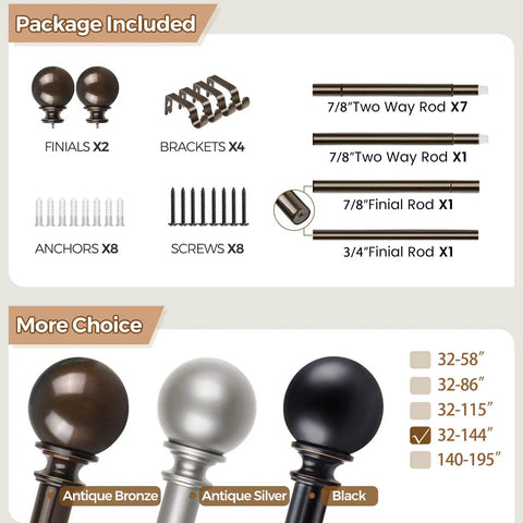 Package contents of Bronze Adjustable Curtain Rod Set For Windows 32 To 144 Inches, includes rods, finials, and brackets.
