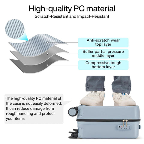 Person standing on closed gray underseat 16 inch carry on luggage for travel lightweight hard shell with spinner wheels showing durability