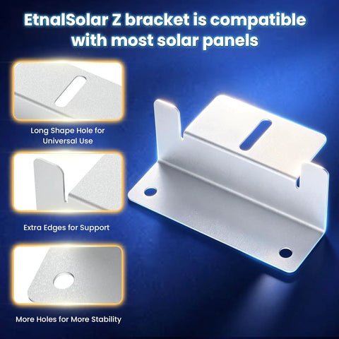 8 Piece Heavy Duty Z Brackets Solar Panel Mounting Kit with universal holes for stability and support, anodized aluminum construction.