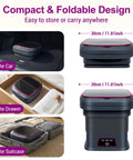 No Sweat Portable Washing Machine 18 Liter Foldable Mini Laundry Tub shown stored in car, drawer, and suitcase for compact use.