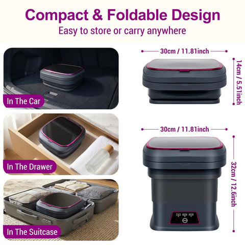 No Sweat Portable Washing Machine 18 Liter Foldable Mini Laundry Tub shown stored in car, drawer, and suitcase for compact use.