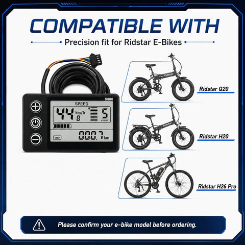 Backlit LCD Display Screen For E Bikes Fits Q20, H20, H26 Pro Electric Bicycles With Easy Speedometer Readout Waterproof ABS Shell Durable Lightweight Bike Meter Accessory Keeps Your Ride Data On Point shown with compatible e-bike models Ridstar Q20, H20, H26 Pro