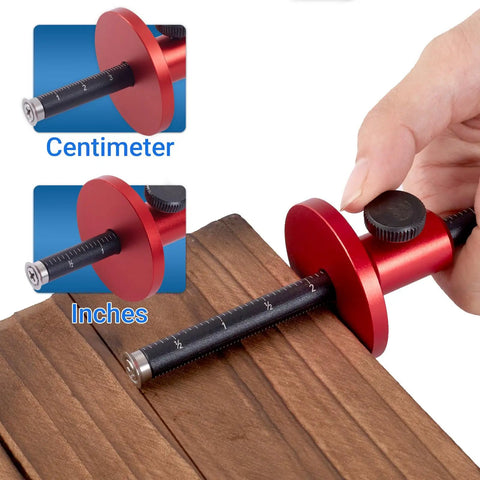 Professional Wheel Marking Gauge With Micro Adjustment For Woodworking Dang Accurate Dual Metric And Imperial Scale Carbide Scriber shown measuring inches and centimeters on wood.