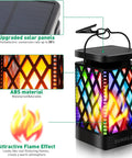 Hanging Solar Lanterns With 9 Modes Color Changing And Fixed Flickering Flame Waterproof Outdoor Lights, close-up of solar panel and flame effect.