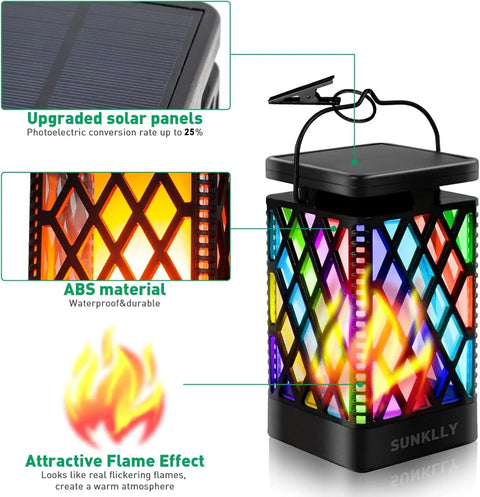 Hanging Solar Lanterns With 9 Modes Color Changing And Fixed Flickering Flame Waterproof Outdoor Lights, close-up of solar panel and flame effect.