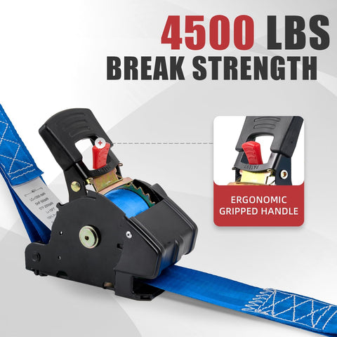 Heavy Duty 2 Inch By 10 Foot Retractable Ratchet Straps Set 4500 Lbs Load Rating Blue Tie Down Straps with ergonomic handle