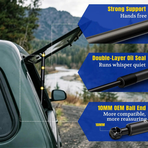Tough As Nails 100 Lb Pair 12 Inch Gas Struts supporting a truck cap with enhanced stability in a scenic outdoor setting.