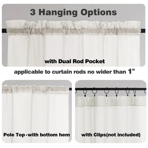 Sheer Curtain Tiers 2 Piece Set, Light Filtering Voile Window Curtains 42W X 24L Inches, Rod Pocket, Ivory, Perfect For Small Windows In Bathroom Living Room Cafe Or Basement, Easy Care shown with dual rod pocket hanging options