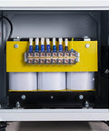 Dual Row Terminal Block Kit, 2 Pack, 4 Circuits, 20-30A, 200V-450V mounted inside an electrical panel with wires connected.