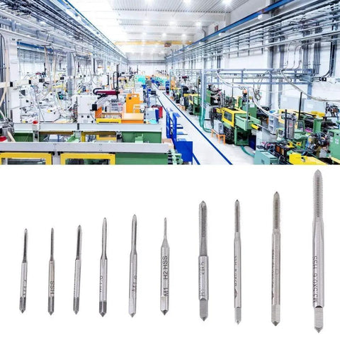 10 Piece Metric Tap Set For Clock And Watch Making, Hand Taps M1 To M3.5 displayed with machine workshop