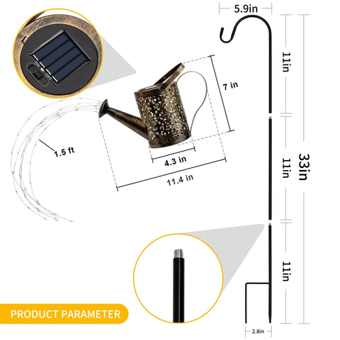 Product dimensions of the Copper Solar Watering Can Garden Light With Waterfall Effect And 60 LEDs shown with stake components.