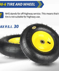 Upgrade 13 Inch Pneumatic Wheelbarrow Tire For 4.00 To 6 Wheel Size Fits Five Eighths And Three Quarters Bearings Hub From 1.75 To 6 Inches Tough As Nails Replacement For Garden Cart Dolly Trolley Wagon With 330 Pound Load Capacity; tire and wheel with yellow hub and psi rating
