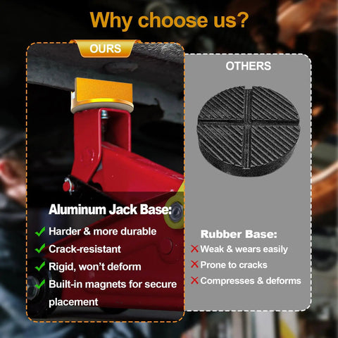 Comparison of 2Pack Magnetic Frame Rail Protector's aluminum jack base vs rubber base, highlighting durability and secure placement.