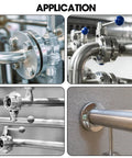 Collage of 304 stainless steel rods and 305 mm pipe fittings with flanges and clamps in silver