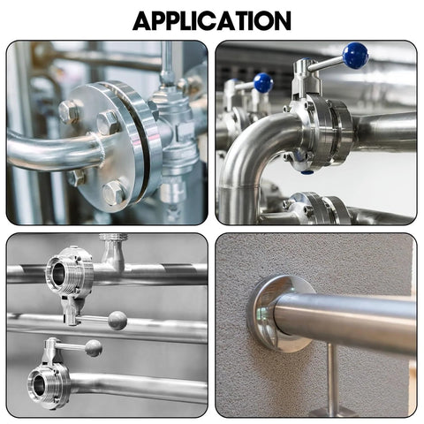 Collage of 304 stainless steel rods and 305 mm pipe fittings with flanges and clamps in silver