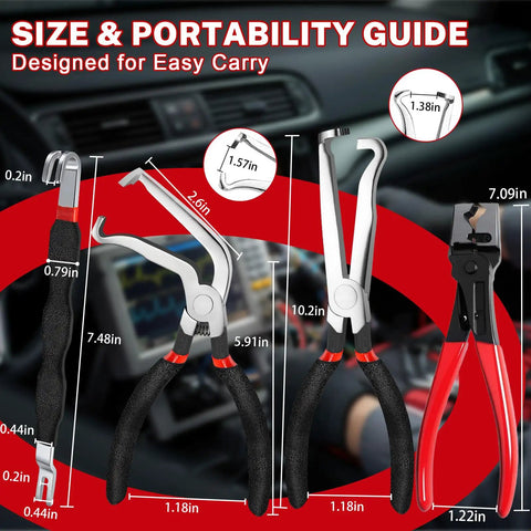 5 Piece Electrical Disconnect Pliers Set With Knuckle Friendly Textured Grips dimensions with ergonomic grip in automotive setting.