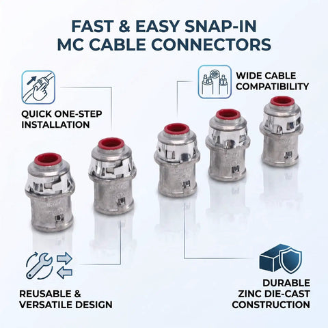 Heavy Duty 3/8 Inch MC Cable Connectors For 14 12 And 10 Gauge Wire arranged with durable zinc die-cast construction and snap-in design.