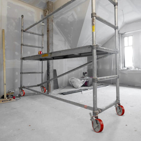 Heavy Duty 8x2 Inch Scaffolding Wheel Set Of 4 With 4400 Lb Capacity, polyurethane on steel wheels, installed on scaffold