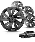 Premium Matte Black 19 Inch Spiral Aero Wheel Covers for Tesla Model Y Juniper, durable plastic hubcaps displayed with vehicle.