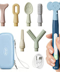 Clean Setup Oral Motor Vibration Kit With Seven Swappable Textured Silicone Heads For Mouth Muscle Tone And Sensory Relief Including Rechargeable Handle And Travel Case showing silicone heads and handle.