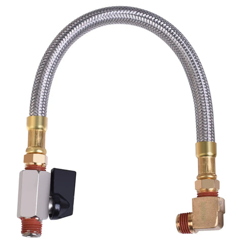 Extended Tank Drain Assembly Ten Inch Flexible Braided Steel Tube And One Quarter Inch Valve Drain Elbow Fitting For Air Compressors Pro Grade