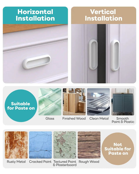 Self Adhesive Drawer Pull Handles 4 Inch White 4 Pack on drawer and closet door, horizontal and vertical installation