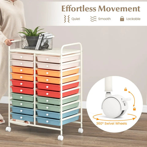 20-Drawer Rolling Storage Cart With Removable Drawers And Lockable Wheels, shown with macaron color finish and swivel wheels