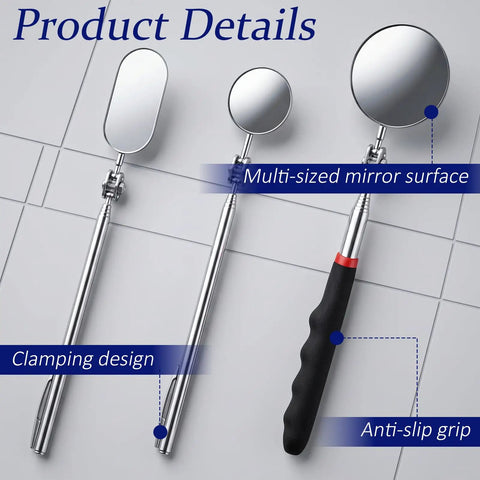 Pro Grade Telescoping Inspection Mirror Kit Stainless Steel Extendable Handle With Rotating Head For Mechanics Dentists Auto And Boat Three Size Set 1.96 Inch Round 1.18 Inch Round And 1.02x1.96 Inch Oval Mirrors, three mirrors with clamping design