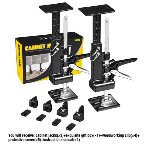 Yellow Jacket 2 Pack Cabinet Jacks For Drywall And Shiplap Installation. Heavy duty steel jacks with accessories for wall projects.