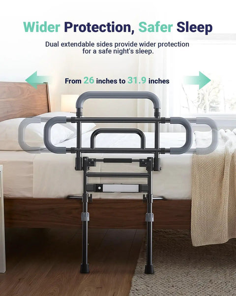 One Hand Fold Bed Rail For Seniors, showing 180 Degree Folding, Adjustable Height And Width, Black Safety Guard Rail For Bedside Access
